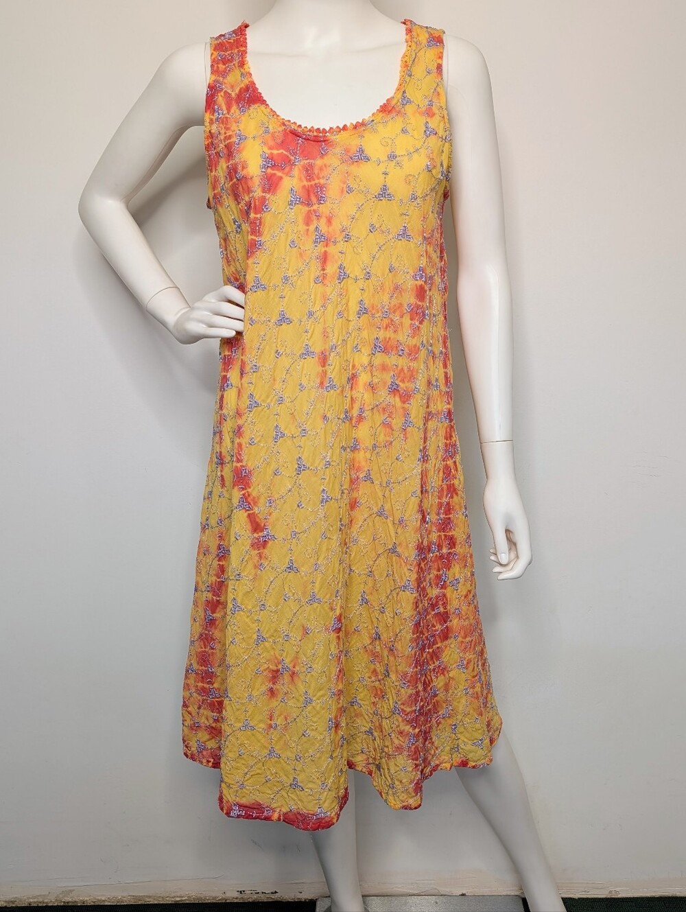 90s Yellow & Orange Tie-Dye Lavender Embroidery Semi Sheer Tent A-Line Sundress